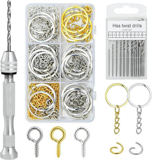 SONGIN Pin Vise Hand Drill Set, 670 Pcs Steel Manual Hand Drill Kit with 10 Pcs Drill Bits, Small Screw Eye Hooks, Keychain Rings for Jewelry Keychain Making and Crafts