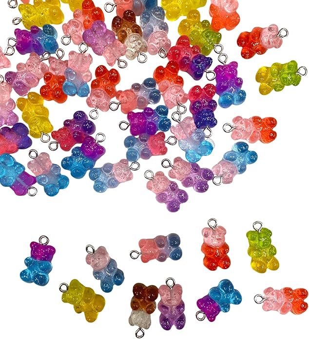 50PCS Little Bear Resin Pendants Charms, Gradient Multicolored Resin Pendant with Iron Loop, Animal Ornament, Kawaii Dangle Charms for Necklace Bracelet Earrings Jewelry Making DIY Crafts
