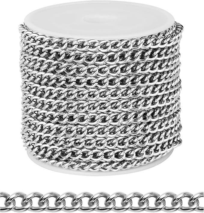 [33 FT] Stainless Steel Curb Chains Bulk for Jewelry Making, 4mm 304 Stainless Steel Flat Twisted Links Curb Chains Roll Spool for Jewelry Making DIY Craft