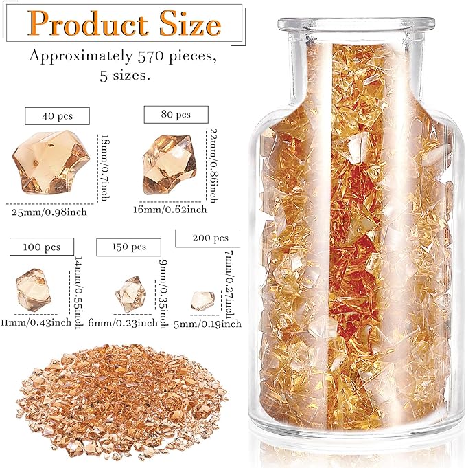 Syhood 570 Pcs 5 Sizes Amber Fake Crushed Ice Rocks Acrylic Crystal Gems Sparking Amber Plastic Diamonds Marble for Vase Fillers DIY Craft Wedding Table Scattering Room Decoration