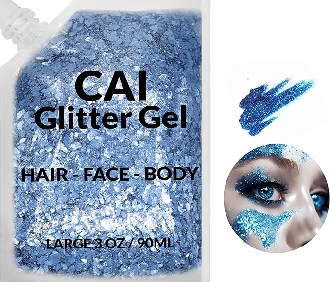 Face, Body & Hair Glitter Gel – Halloween Glitter for Kids and Women – 3 Oz Cosmetic-Grade Gel w/Moon & Stars for Festivals & Halloween Party, Easy Apply & Wash Off - Blue/Silver 2Pack