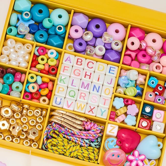 MYCUTEY DIY Keychain Making Kit-Beaded Keychain & Bag Charm Craft Supplies with Keyrings,Cords and Colorful Letter,Star,Heart,Beads,Personalized Name Making Kit Gifts for Kids Girls Women