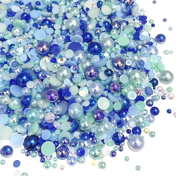 100g Mix Resin Rhinestones Flatback Half Round Pearls Mixed Size 3mm-10mm AB Color Half Pearls Resin Rhinestones for DIY Craft Nail Art Shoes Clothes Phone Case (Blue Series)