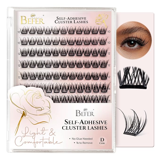 BEFER Self Adhesive Eyelashes Clusters, D Curl 10-16MM Pre Glued Lash Natural Look No Glue No Remover Needed Reusable Lashes Press on Eyelash Clusters Easy for Use DIY at Home(TYB85,Flare)