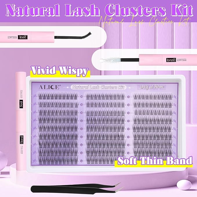ALICE Natural Lash Clusters Kit Wispy Lash Extension Kit Thin Band Cluster Eyelash Extension Kit 270pcs C-Curly 10-14mm Individual Lashes with Lash Glue Bond and Seal Self Application at Home