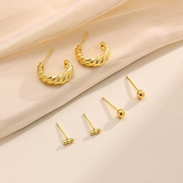 Freekiss 3 Pairs Gold Hoop Earrings Set: Dainty Stud Earrings Trendy Small 14K Gold Plated Hypoallergenic Dangle Cartilage Huggie Hoop Earrings for Women Gold Jewelry for Women Gifts