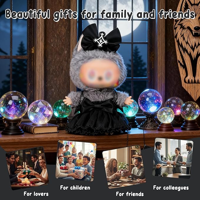 Clothes for Labubu 17cm Collectible Doll (No Doll Included), 2-Piece Little Witch Outfit Set (Dress & Hair Clip), Black Lace Costume Accessories