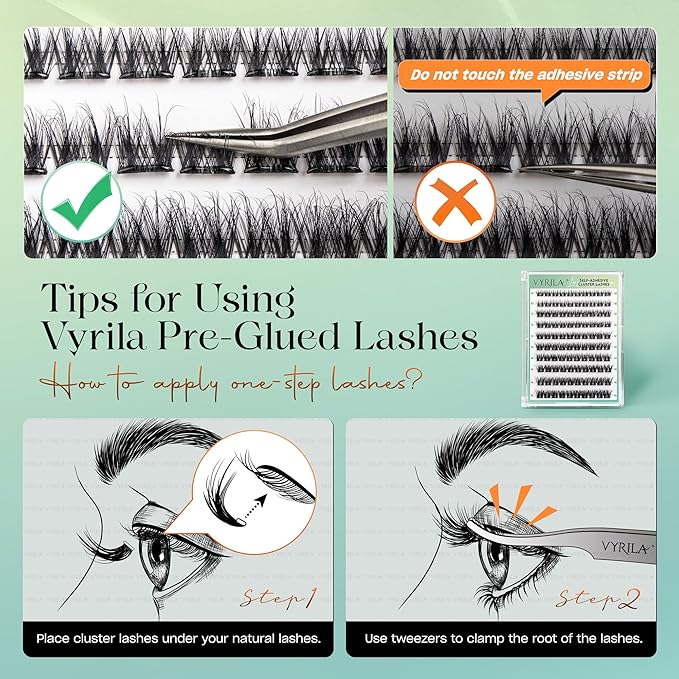 VYRILA Self-Adhesive Lash Cluster, 100pcs Pre-Glued Clusters, Pop-On Faux Eyelashes, 3D Band D Curl Natural Look Lahses, Easy to Apply, Reusable 0.05mm Eyelash Extensions (Green Joy-D-0.05-10-16mix)