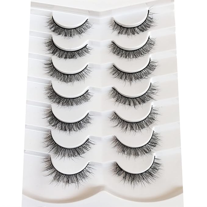 Pooplunch Fake Eyelashes Short Natural False Eyelashes Cat-Eye Wispy Volume Lightweight Faux Mink Eye Lashes Strips 7 Pairs Pack