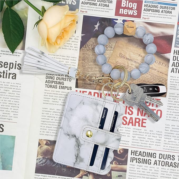 Keychain Wallet Wristlet Small Credit Card Holder Bracelet Key Chain Purse Bangle Tassel Beads Key Rings for Women