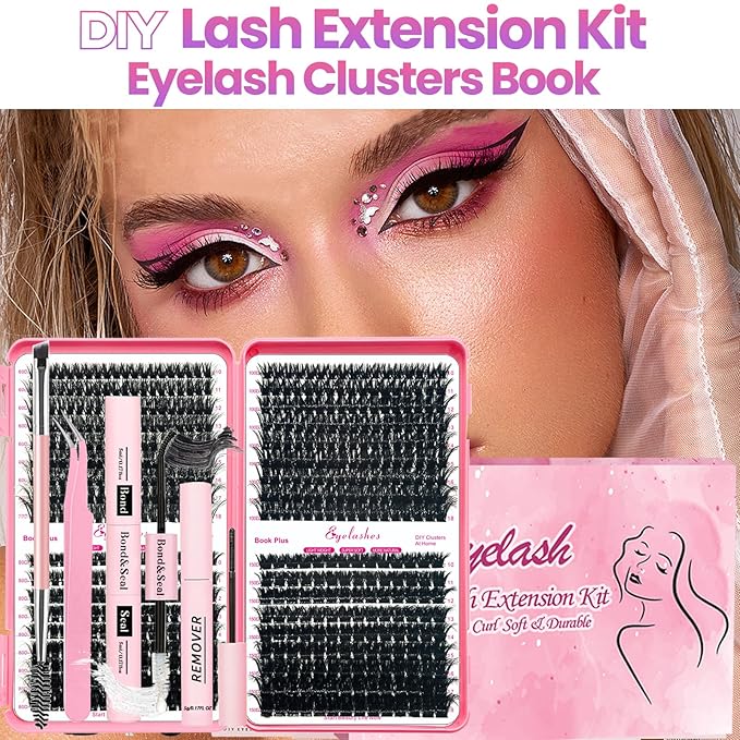Qiveaory DIY Lash Extension Kit 630pcs Lashes Clusters Thick D Curl Eyelash Extension Kit with Lash Bond and Seal,Eyelash Remover Tweezers Brush(10-18mm,60D+80D+100D+150D) DIY at Home