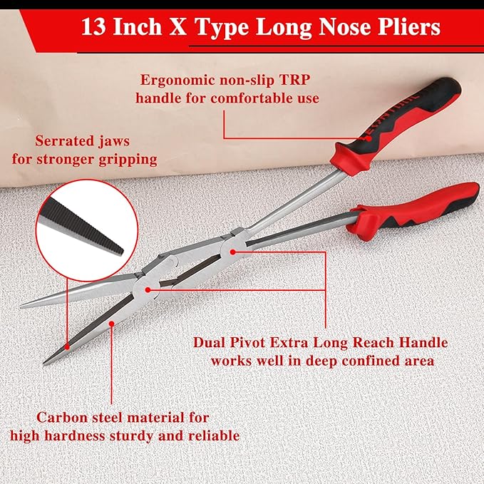 13" Extra Long Needle Nose Pliers, Straight Dual Material Long Reach Pliers with Serrated Jaw, Double-joint Long Nose Pliers Extended Reach Needle Nose Pliers for Hard to Reach Narrow Spaces