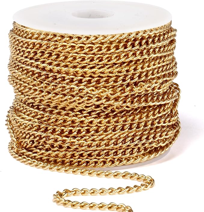 33 Feet 18K Gold PVD Plated Stainless Steel Curb Chain Bulk, 3mm 304 Stainless Steel Flat Twisted Links Chains Roll Spool for Jewelry Making Necklace DIY Craft