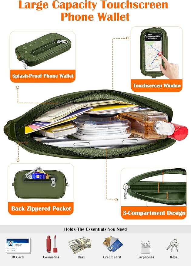 takyu Clip and Go Strap for Phone with Wallet Crossbody, 4-in-1 Hands-Free Phone Lanyard with Detachable Wallet Wrist Strap, Convertible Crossbody Bags with ID Window for Women Travel, Forest Green