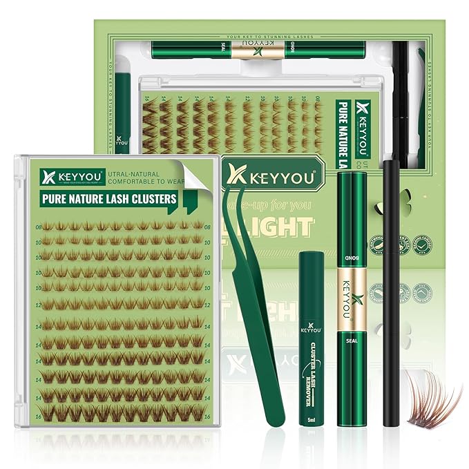 KEYYOU Natural Lash Clusters Kit 144Pcs DIY Lash Extension Kit Wispy Eyelash Extensions Kit D Curl 8-16MIX with Bond and Seal and tweezers with Thin Lash （KIT-N03-Brown-D-8-16MIX）