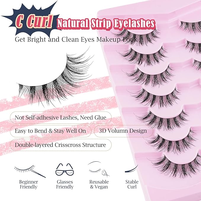 False Lashes Wispy Cat Eye Lashes Natural Look 16MM Foxy Eyelashes C Curl Lash Strips Fake Eyelashes with 0.03MM Thin Band Natural Eyelash Extensions 7 Pairs Siligli