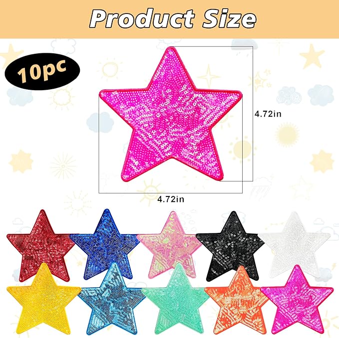 10Pcs Sequin Star Iron on Patches Shiny Stars Patches Embroidery Sequin Patches for Clothes Hats Backpacks Costume