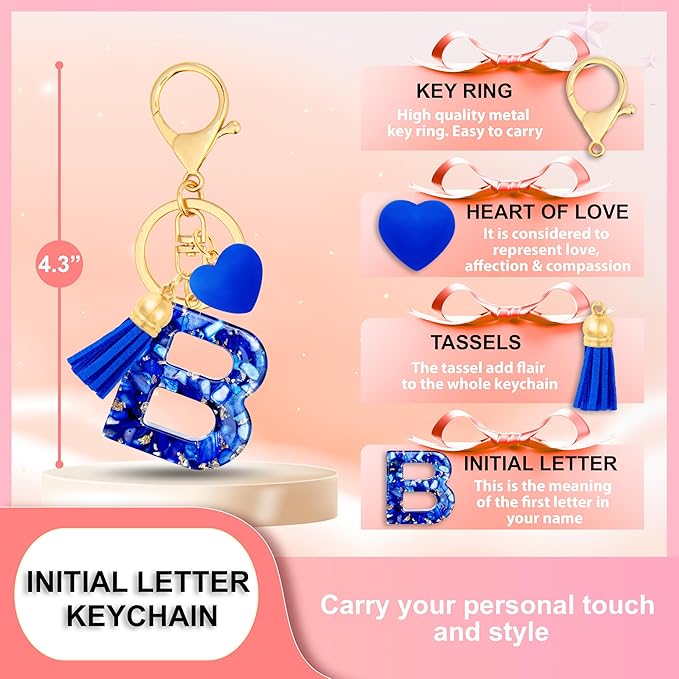 Initial Keychains for Women with Cute Heart Resin - Alphabet Letter Keychain for Bag, Backpacks, Purse or Car key