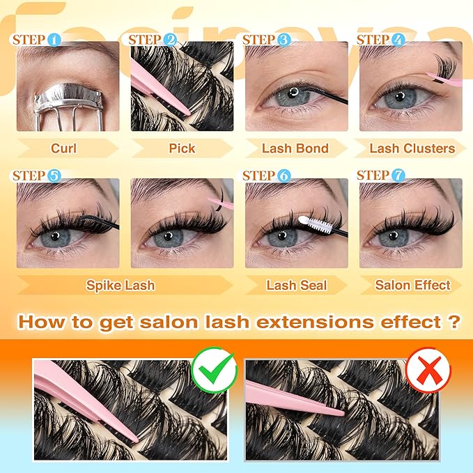 Focipeysa Volume Eyelash Clusters Kit with Spike Lash Cluster Bottom Individual Lash Extensions Wispy Individual Eyelash Extensions Kit with Lash Bond and Seal DIY Lash Clusters at Home
