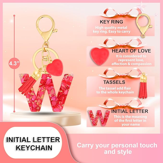 Initial Keychains for Women with Cute Heart Resin - Alphabet Letter Keychain for Bag, Backpacks, Purse or Car key