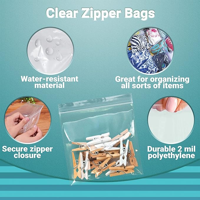 APQ Clear Plastic Reclosable Zipper Bags, 5 x 5 Inches. Pack of 1000 Reclosable Plastic Bags with Zipper Closure. 2 Mil Plastic Jewelry Bags. Waterproof Reclosable Zip Bags for Industrial Use