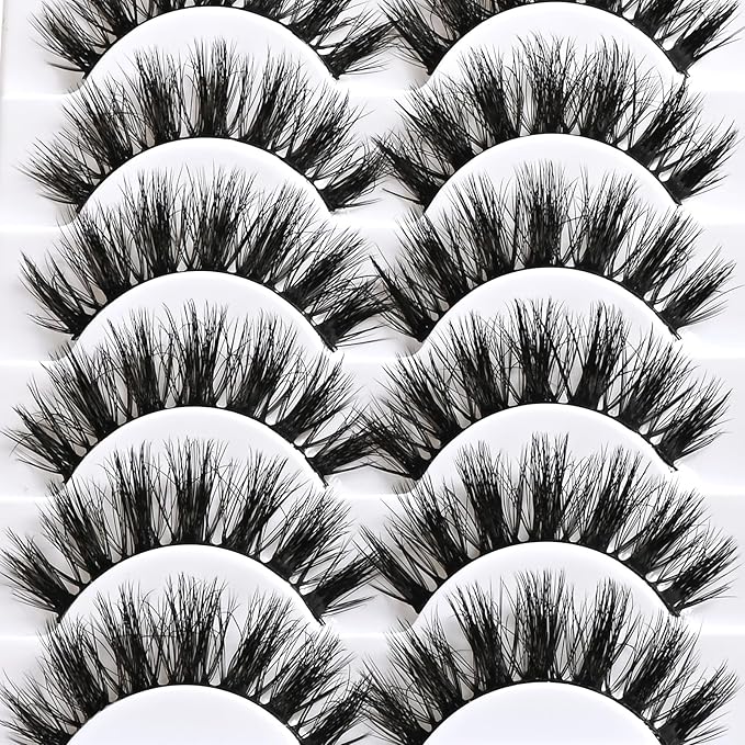 APCYUST Wispy Lashes Fluffy Mink Eyelashes 16mm Natural Thick False Eye Lash Strips 14 Sets Medium Wispies Fake Strip Doll Eyelash Wet Spikes Style Full Volume Cateye Spiky Lashes Manga Look