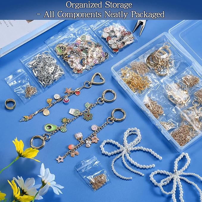 DRHWEFSQ 648Pcs Lipgloss Keychain Making Kit - DIY Jewelry Supplies with 236 Charms, 50 Extender Chains, 60 Clips, 300 Jump Rings & Plier for Custom Keychains, Bags, Handmade Gifts