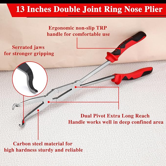 13 Inch Long Reach XL Pivot Ring Nose Pliers with Serrated Jaw for Hard to Reach Spaces