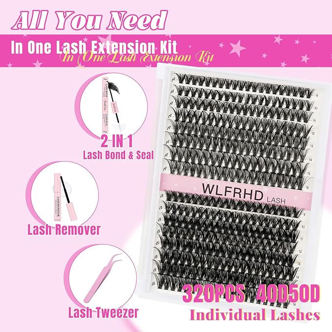 WLFRHD Lash Clusters Kit 320 Pcs DIY Individual Cluster Lashes D Curl Lash Extension Kit with Eyelash Bond and Seal, Remover, Tweezers Applicator for False Eyelash Cluster Kit(40D+50D, Mix9-16mm Kit)