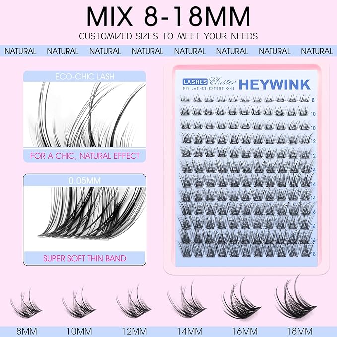HEYWINK DIY Lash Extension Kit Natural Look Wispy Lash Clusters D Lashes Clusters 8-18mm Eyelash Extension Kit Lash Bond and Seal Lash Tweezers Individual Lashes Lash Cluster Kit For Beginners