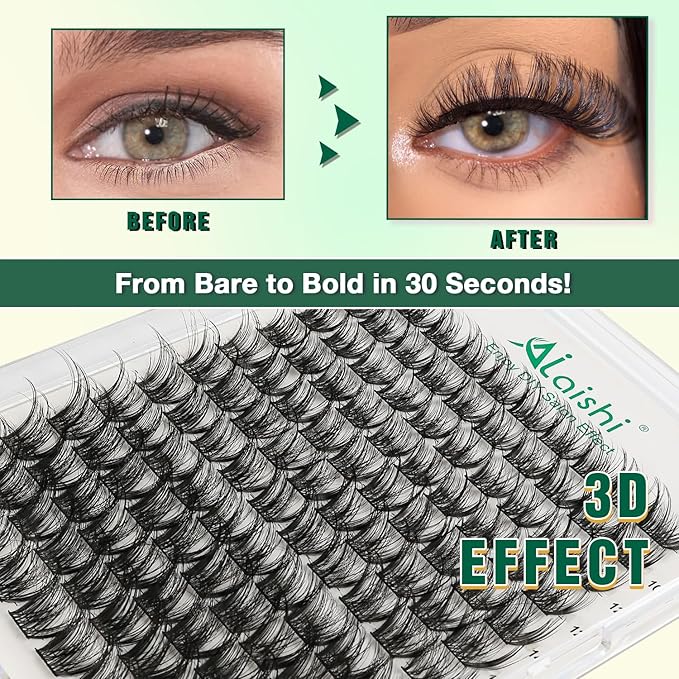 Lash Clusters Kit, DIY 3D Cluster Eyelash Extensions 10‑18mm,120pcs Fluffy D Curl Soft Natural Lashes with Bond and Seal,Remover,Tweezers, –Natural Fake Cat Eye Wispy Individual Clusters（DF2MIX1-4）