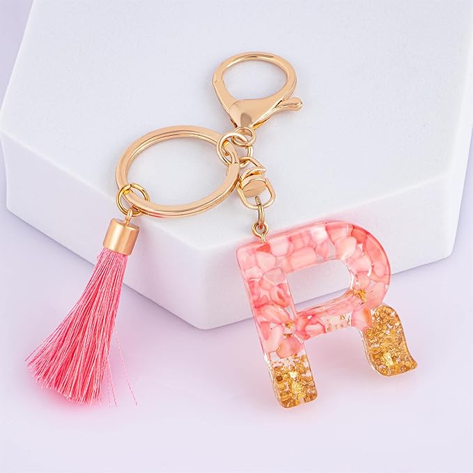 Suweibuke Cute Pink Key Chains for Women Girls, Initial Letter Keychains with Tassel, Charms for Key Purse Handbags Backpacks