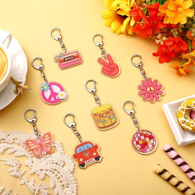 Tondiamo 48 Pcs Groovy Party Favors Keychains Bulk Retro Hippie Peace Daisy Boho Keychains for Spring Summer Groovy Party Birthday Gifts Decorations
