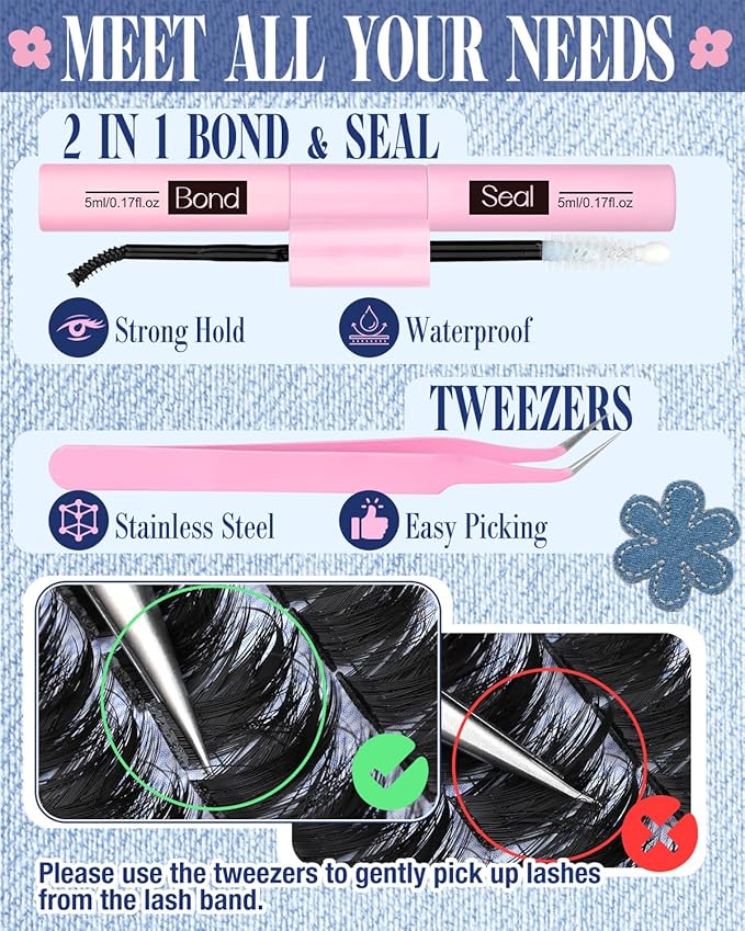 Wispy Lash Clusters Kit Spikes Volume Lash Extension Kit Spiky Eyelash Clusters with Bottom Lashes Thick Individual Lashes D Curly 6-22MM Cluster Lashes Bond and Seal Tweezers by Lvmixwig