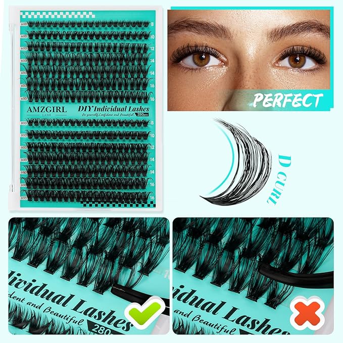 Lash Clusters Kit,280Pcs Individual 60D 80D Eyelash Extension Kit,Lash Bond and Seal,Lash Remover For Eyelashes Extensions,Lash Applicator Tool For False Lashes Cluster Kit At Home(D-Mix9-16mm)