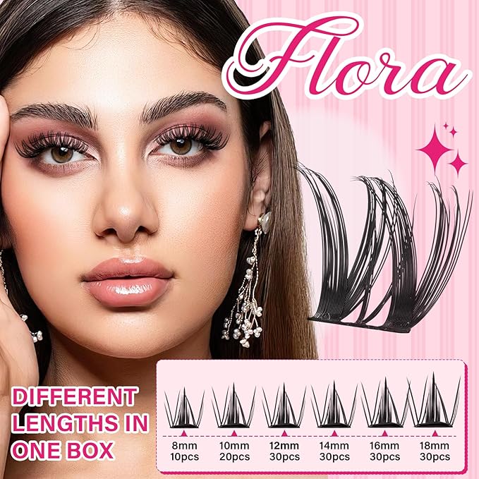 PRO LASHBEAUTY Flora Lash Clusters, Eyelash Clusters 8-18 Mixed Cluster Eyelash Extensions Mixed Lash Extension Reusable Soft & Comfortable (Flora,8-18mix)