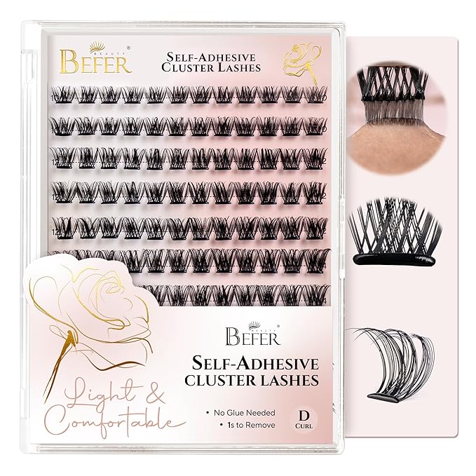 BEFER Self Adhesive Eyelashes Clusters, D Curl 10-16MM Pre Glued Lash Natural Look No Glue No Remover Needed Reusable Lashes Press on Eyelash Clusters Easy for Use DIY at Home(24-1,Air)