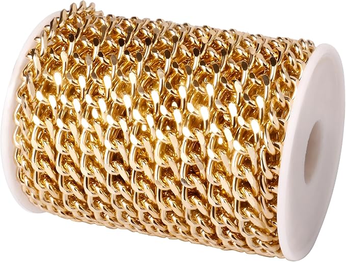 [33ft] Gold Chain for Jewelry Making, 8.3mm Wide Gold Aluminum Curb Link Chain Roll Bulk for DIY Jewelry Making Craft