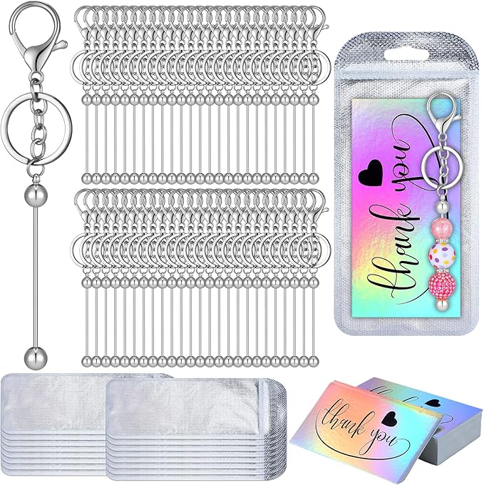 Sasylvia 150 Pcs Beadable Keychain Bars Bulk Making Kit Beaded Keychain Bag Thank You Cards for DIY Keyrings Charms