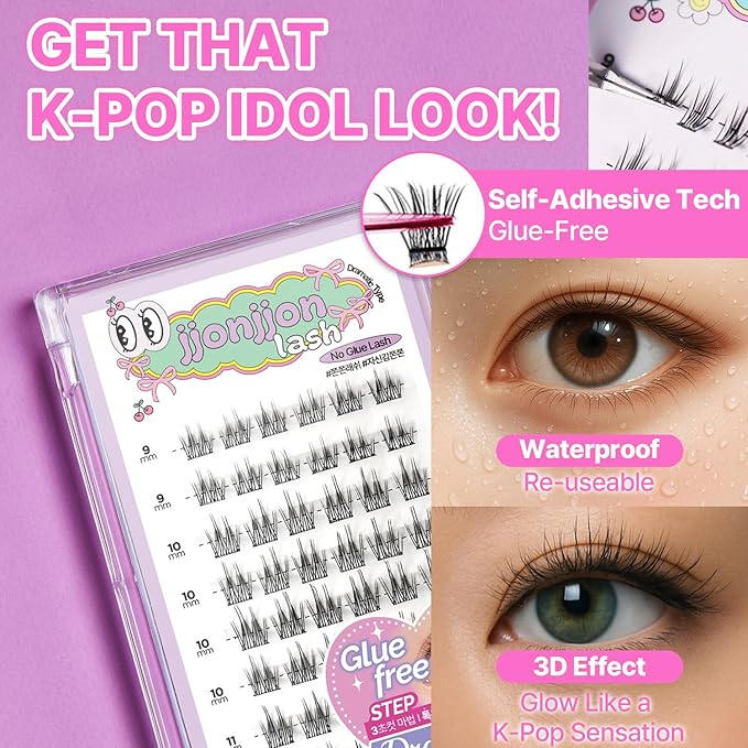CLIONE PRIME Korean Self Adhesive Lash Clusters Natural Look No Glue Press On Pre Bond Lash Clusters Fluffy Self Adhesive False Eyelashes No Glue Needed Reusable Wispy Eyelash Extensions