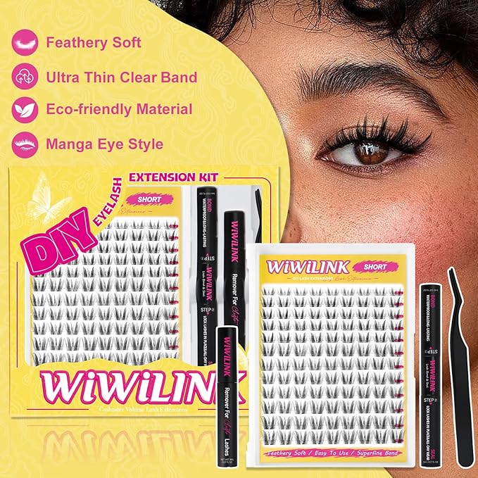 WiWiLINK Wispy Lash Clusters D Curl DIY Lash Extension Kit Natural Eyelash Clusters 8-14mm with Bond, Seal, and Remover - Invisible Band Lashes Clusters, Spike False Eyelashes, Freya Short-Kit
