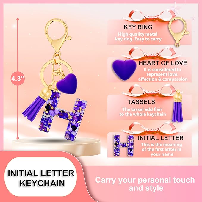 Initial Keychains for Women with Cute Heart Resin - Alphabet Letter Keychain for Bag, Backpacks, Purse or Car key