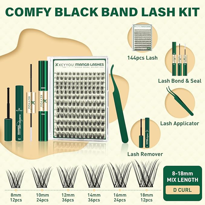 KEYYOULASH Manga Lash Clusters Kit 8-18mm Eyelash Clusters Kit DIY Lashes Extension Kit Natural Fairy Cluster Lashes with Bond Seal Remover Applicator Soft Thin Band(MG04)