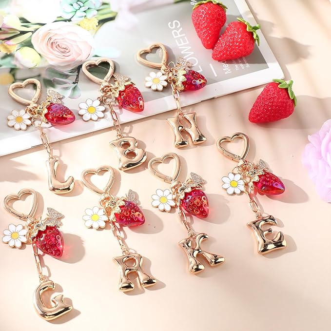 Strawberry Initial Keychain for Women-Cute Kawaii Gold Alphabet Bag Charms, Key chain Gift for Purse Handbag