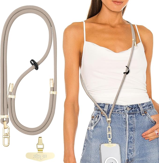 Adjustable Anti-Theft Phone Lanyard Neck & Crossbody Strap with 0.2mm Metal Tab & Comfort-Fit 8mm Rope (Khaki)