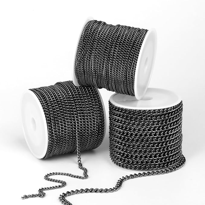 66FT Gunmetal Stainless Steel Curb Chains Roll, 3mm 304 Stainless Steel Black Flat Twisted Links Curb Chains Bulk Spool for Jewelry Making DIY Craft