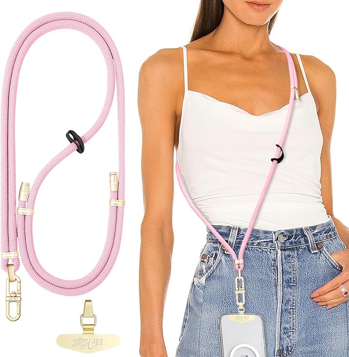 Adjustable Anti-Theft Phone Lanyard Neck & Crossbody Strap with 0.2mm Metal Tab & Comfort-Fit 8mm Rope (Light Pink)