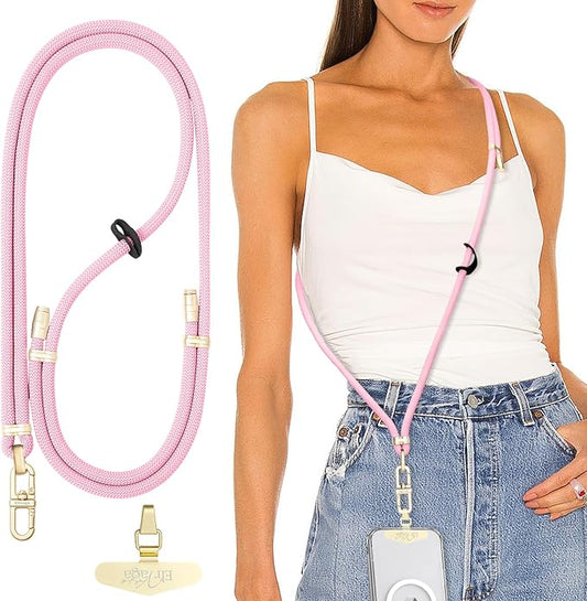 Adjustable Anti-Theft Phone Lanyard Neck & Crossbody Strap with 0.2mm Metal Tab & Comfort-Fit 8mm Rope (Light Pink)