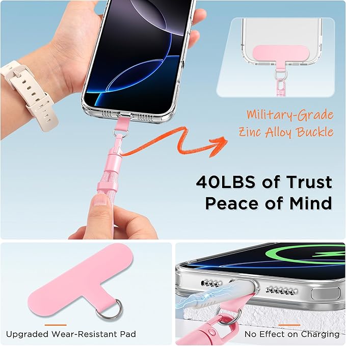 3-in-1 Cell Phone Lanyard 1 Pack + Wrist Strap 1 Pack - Convertible Crossbody Strap with Locking Knob Friendly, Adjustable Neck Lanyard for Gym/Work/Travel Essentials(Pink)