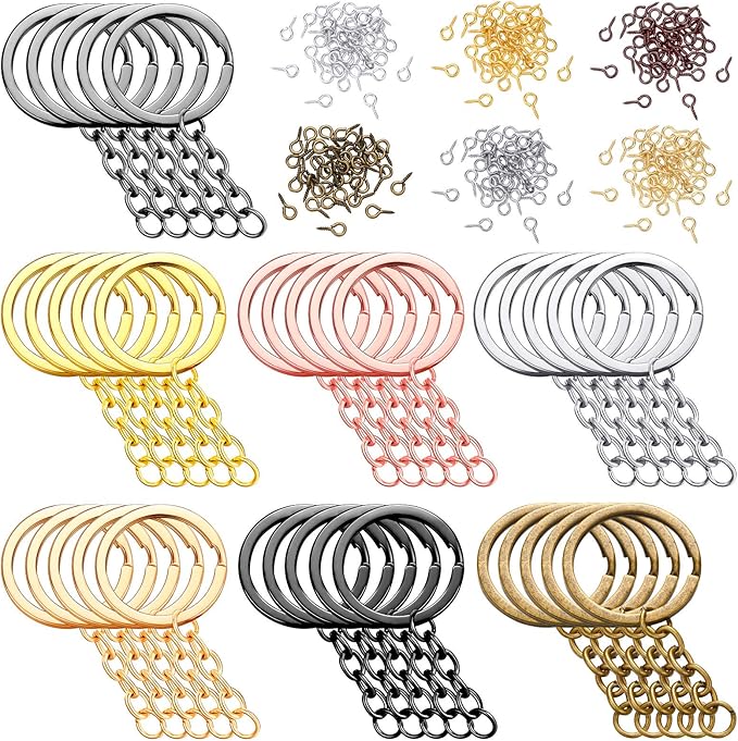 215 Pieces Keychain Rings Set Including 35 Pieces Keychain Rings with 35 Pieces Open Jump Rings and 180 Pieces Small Screw Eye Pins for Crafts and Jewelry Making (Mixed Colors,30 mm)